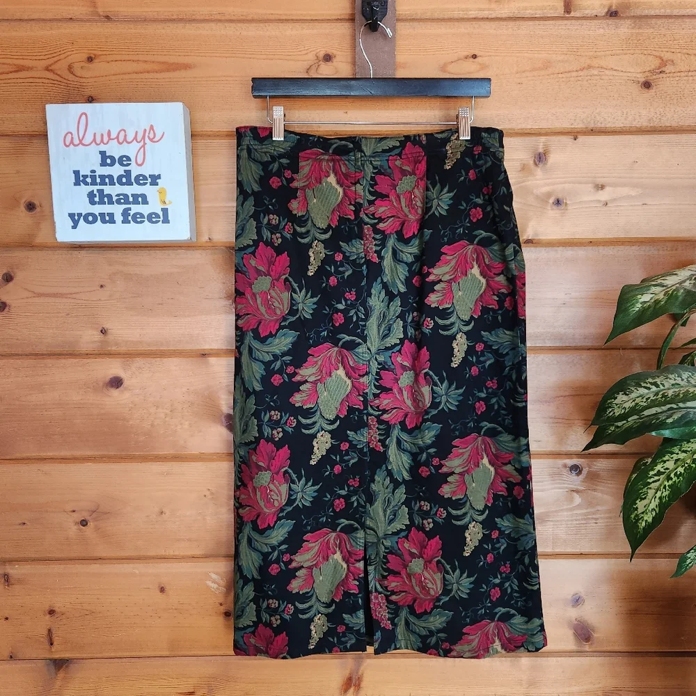 Susan Bristol 💜Vintage Floral Midi Skirt Straight Damask Back Slit Sz 14 Petite